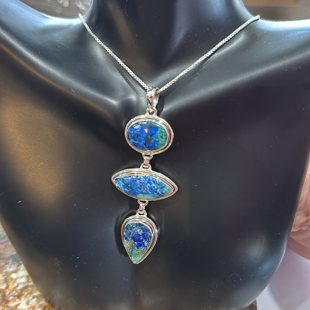 NEW AZURITE and .925 sterling silver Elegant Blue and Green Pendant Necklace